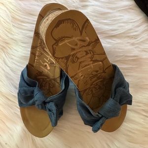 Adorable denim cork wedge slides, great!